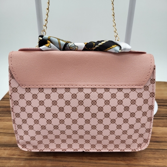 Cute Pink Handbag with Scarf Accent w/adjustable Gold Chain Strap - Picture 2 of 4